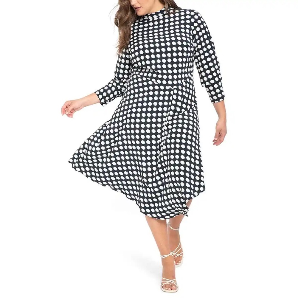 Navy and white and light blue polka dotted high neck Eloquii dress size 22